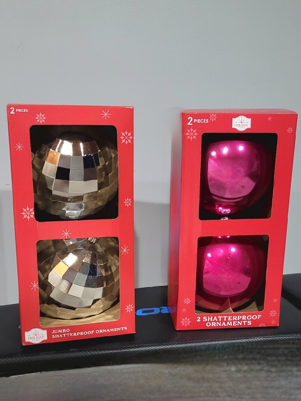 2 packs of 2-Count Jumbo Shatterproof Christmas Ornaments Silver & Pink 8”